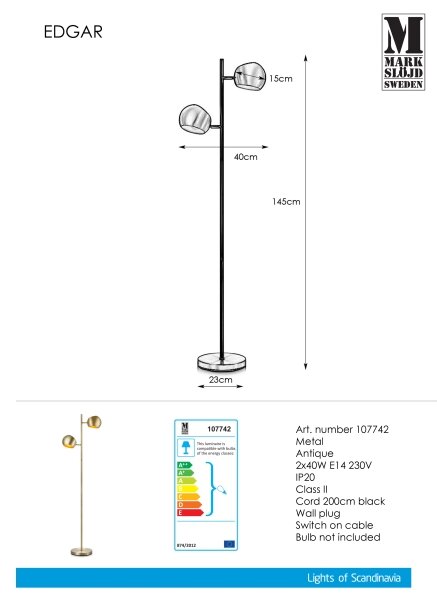 Markslöjd 107742 - Stojacia lampa EDGAR 2xE14/40W/230V