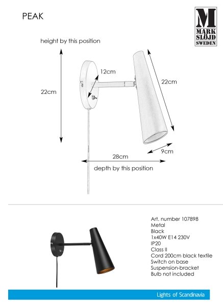Markslöjd 107898 - Nástenná lampička PEAK 1xE14/40W/230V
