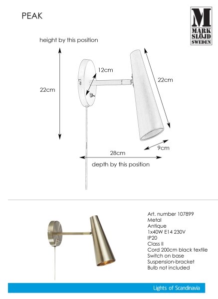 Markslöjd 107899 - Nástenná lampička PEAK 1xE14/40W/230V
