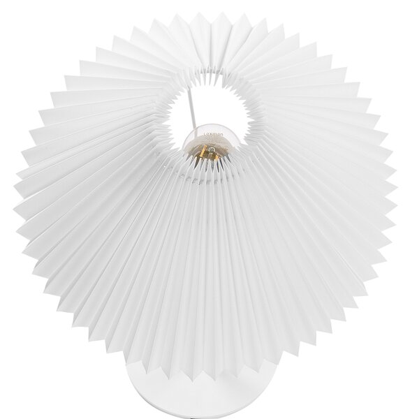 Stolná lampa biely kovový podstavec skladané biele tienidlo moderný minimalistický dizajn obývačka spálňa