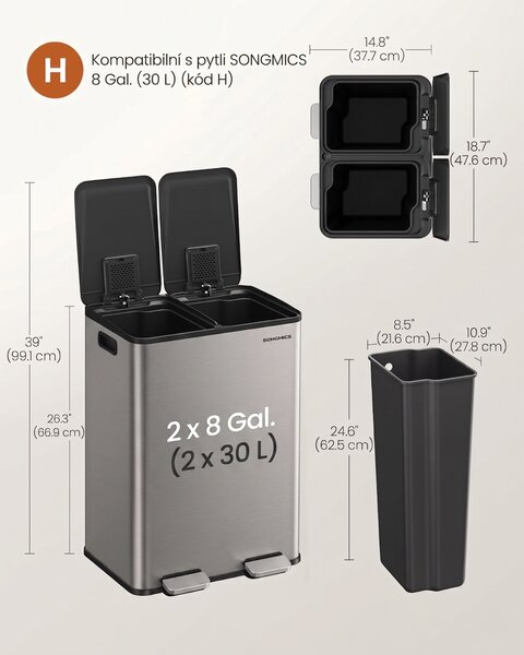SONGMICS Odpadkový kôš s vekom JORDAN 2x30 L tmavosivý II