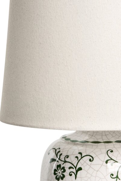 Stolná lampa biela keramický podstavec s kvetinovým motívom ľanové tienidlo cottage štýl obývacia izba spálňa
