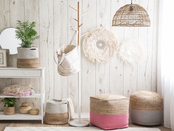 Puf taburetka ružová jutová s výplňou z polystyrénového granulátu štvorcový puf 44 x 44 cm boho štýl