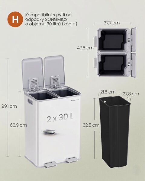 SONGMICS Odpadkový kôš s vekom JORDAN 2x30 L biely II