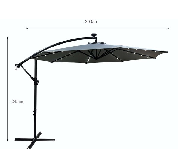 Ak furniture Záhradný slnečník MILIN s LED osvetlením 300 cm svetlosivý