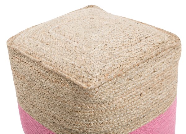 Puf taburetka ružová jutová s výplňou z polystyrénového granulátu štvorcový puf 44 x 44 cm boho štýl