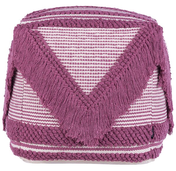 Taburetka ružová polyester bavlna 40 x 40 cm štvorcový tvar geometrický vzor so strapcami boho moderný štýl obývačka spálňa