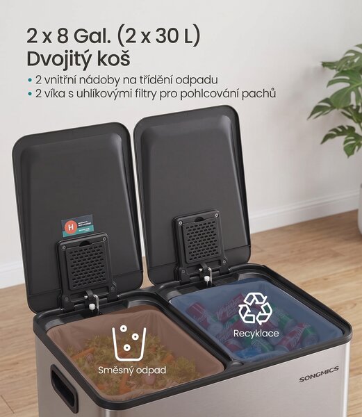 SONGMICS Odpadkový kôš s vekom JORDAN 2x30 L tmavosivý II