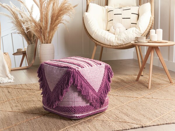Taburetka ružová polyester bavlna 40 x 40 cm štvorcový tvar geometrický vzor so strapcami boho moderný štýl obývačka spálňa