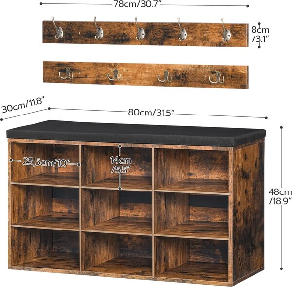 Předsíňový věšák s botníkem a sedákem Vasagle Jungo 80 cm černý/hnědý