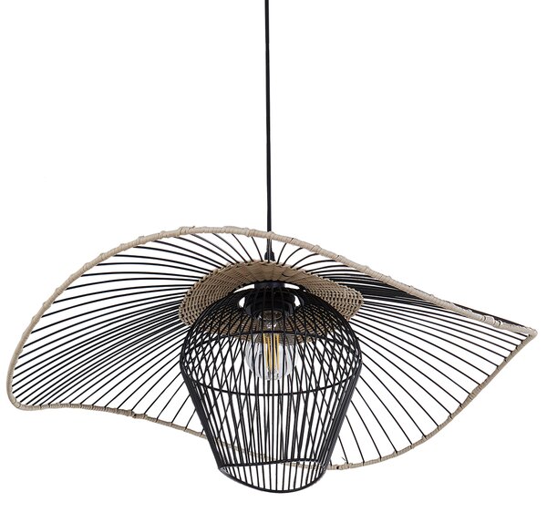 Závesná lampa čierna s ratanovým tienidlom kovové závesné svietidlo do interiéru