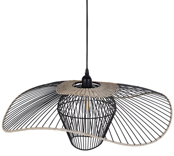 Závesná lampa čierna s ratanovým tienidlom kovové závesné svietidlo do interiéru