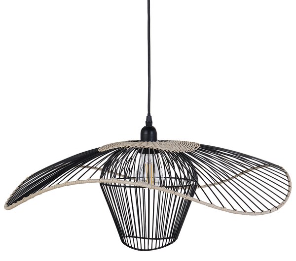 Závesná lampa čierna s ratanovým tienidlom kovové závesné svietidlo do interiéru