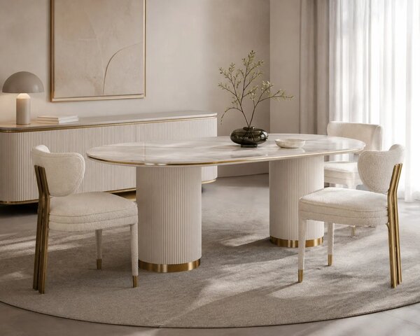 LivinHill Designová jídelní židle Modig M3-14 bouclé bílá/zlatá