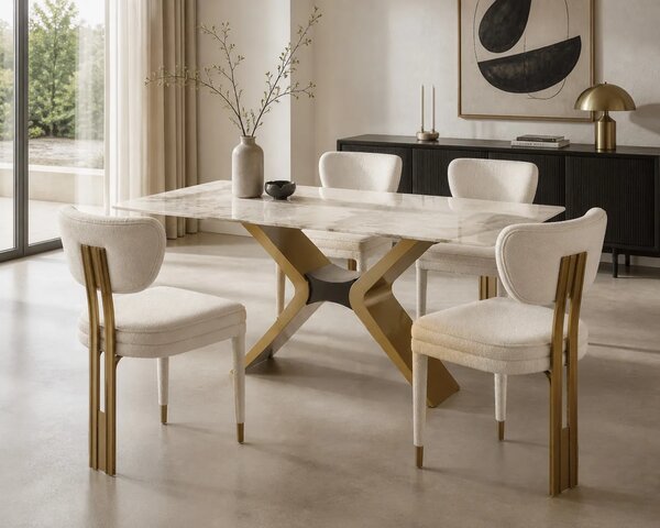 LivinHill Designová jídelní židle Modig M3-14 bouclé bílá/zlatá