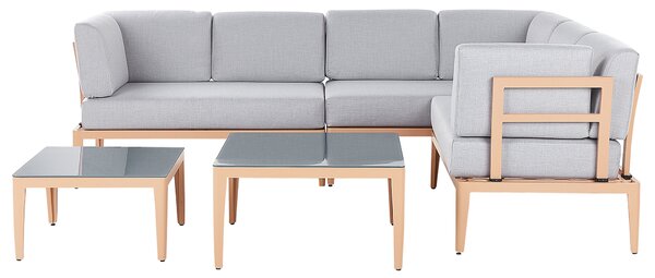 Záhradná sedacia súprava sivá svetlé drevo hliník polyester 6-miestna 2 konferenčné stolíky balkón terasa exteriér