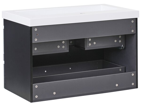 Závesná kúpeľňová skrinka s keramickým umývadlom čierna MDF 80 cm s 2 zásuvkami moderný dizajn