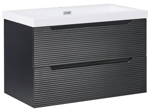 Závesná kúpeľňová skrinka s keramickým umývadlom čierna MDF 80 cm s 2 zásuvkami moderný dizajn