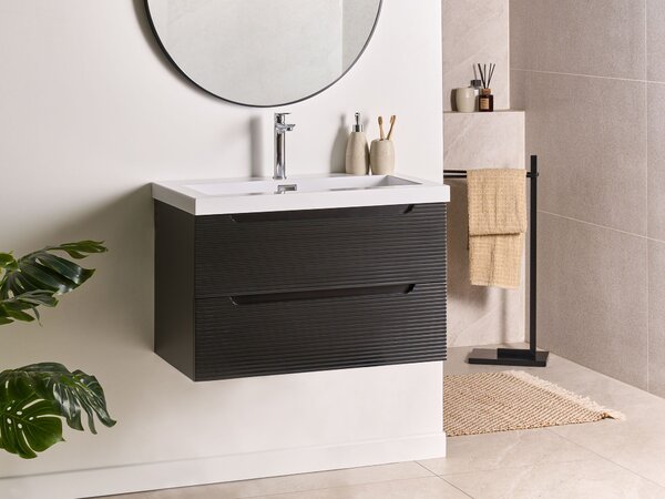 Závesná kúpeľňová skrinka s keramickým umývadlom čierna MDF 80 cm s 2 zásuvkami moderný dizajn