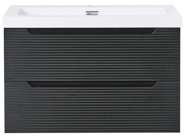 Závesná kúpeľňová skrinka s keramickým umývadlom čierna MDF 80 cm s 2 zásuvkami moderný dizajn