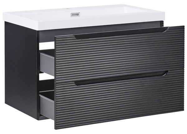 Závesná kúpeľňová skrinka s keramickým umývadlom čierna MDF 80 cm s 2 zásuvkami moderný dizajn