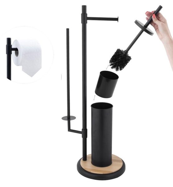 Erga Sisu, držiak na toaletný papier so zásobníkom a WC kefou 3v1, čierna matná-hnedá, ERG-YKA-P.SISU-BLK-B