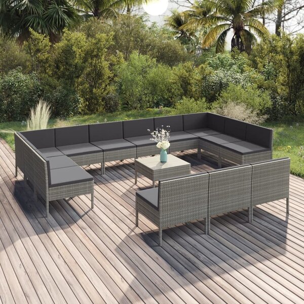 Maison Exclusive – 14-dielna záhradná súprava s vankúšmi, poly ratan, sivá