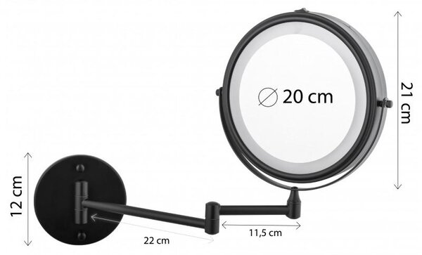 Erga Eda, LED osvetlené kozmetické zrkadlo na make-up ø20 cm, čierna matná, ERG-YKA-CH.EDA-BLK