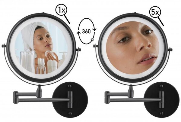 Erga Eda, LED osvetlené kozmetické zrkadlo na make-up ø20 cm, čierna matná, ERG-YKA-CH.EDA-BLK