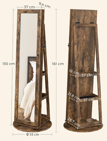 SONGMICS Otočná šperkovnice se zrcadlem Pure 161 cm hnědá