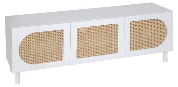 Biela komoda pod TV CABRAS, dvierka s viedenskou pleteninou, 140 x 41,7 x 50 cm