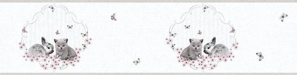 Detské vliesové bordúry Little Stars 35567-2, rozmer 5 m x 0,13 m, zajačik a mačiatko na bielom podklade, A.S.Création