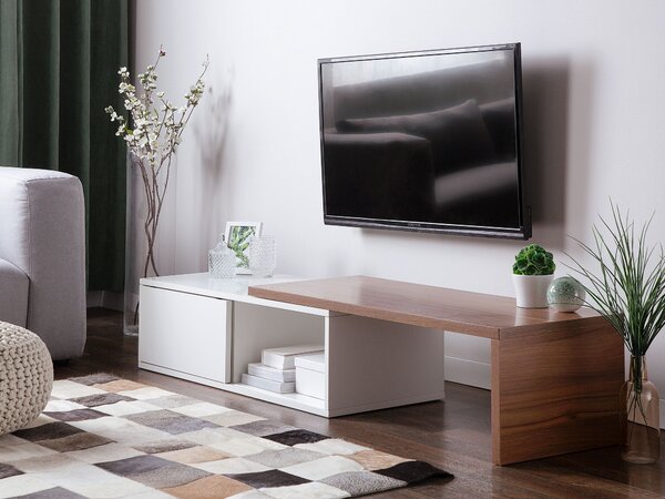 TV stolík tmavé drevo biela MDF posuvné dvierka skrinka úložný priestor na TV s uhlopriečkou do 70ʺ moderný štýl obývačka