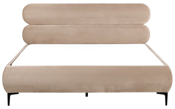 Posteľ sivobéžová zamatové čalúnenie čierne kovové nohy 180 x 200 cm lamelový rošt s čelom klasický minimalistický štýl spálňa
