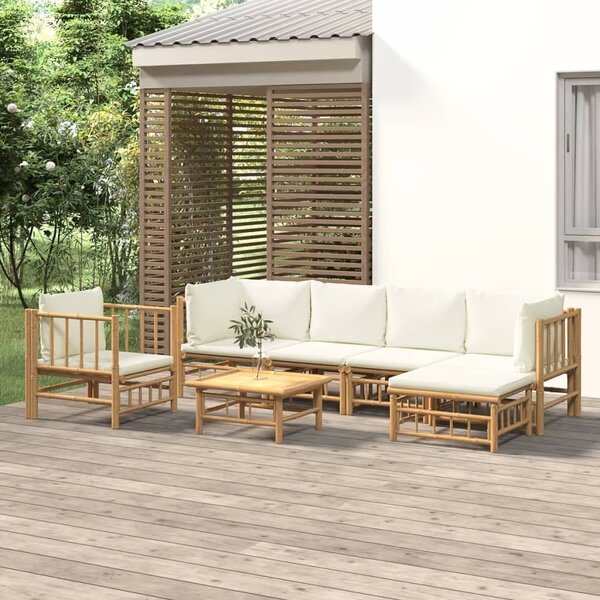 Maison Exclusive – 7-dielna záhradná súprava s krémovo-bielymi vankúšmi z bambusu