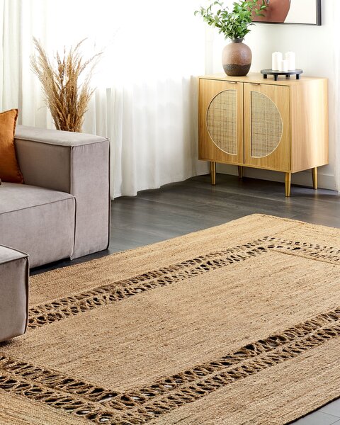 Koberec béžový jutový 200 x 300 cm pletený ručne vyrobený s vyrezávaným vzorom prírodný textil boho štýl