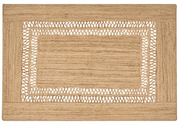 Koberec béžový jutový 200 x 300 cm pletený ručne vyrobený s vyrezávaným vzorom prírodný textil boho štýl