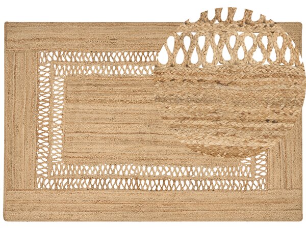 Koberec béžový jutový 200 x 300 cm pletený ručne vyrobený s vyrezávaným vzorom prírodný textil boho štýl