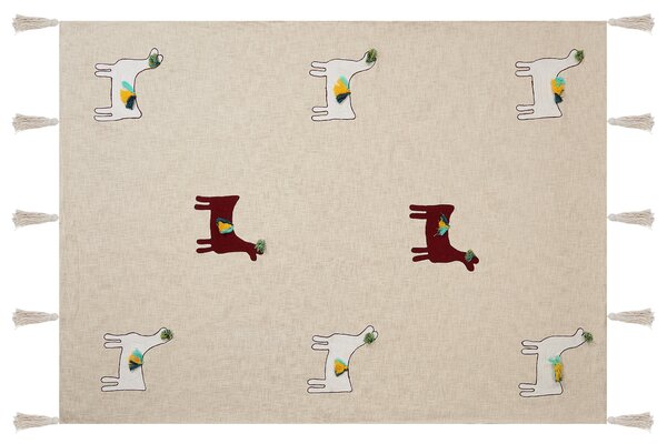 Prikrývka béžová a hnedá bavlnená 130 x 180 cm ručne vyšívaná so strapcami motív lamy deka v boho štýle