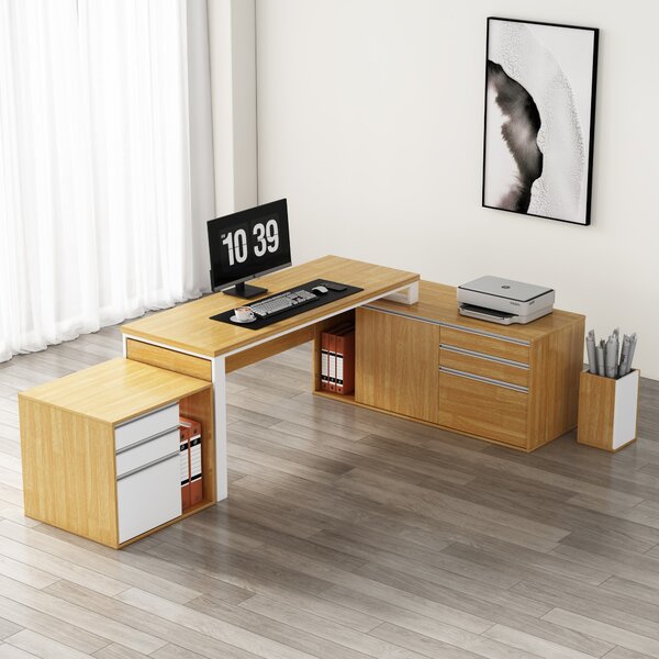 Rohový kancelářský stůl s komodou Houseland Nuvia Home 04 194 cm dub/bílý