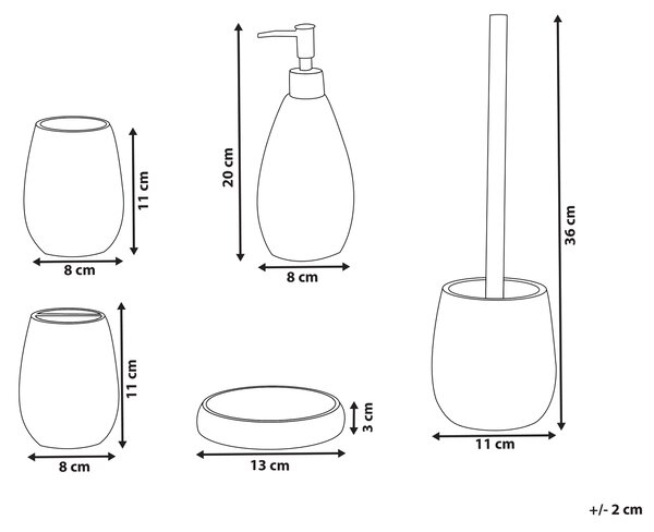 5-dielna sada kúpeľňových doplnkov sivá umelá živica mydlovnička dávkovač na mydlo wc kefa pohár na zubné kefky