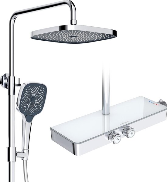 Sprchový systém Rainsworth s termostatom a sklenenou poličkou chróm - Kompletná sprchová batéria s dažďovou sprchou 26 x 26 cm, ručnou sprchou 3 režimy prúdu a spodnou výtokovou rúrkou - Sprchová súprava dažďová sprcha s batériou