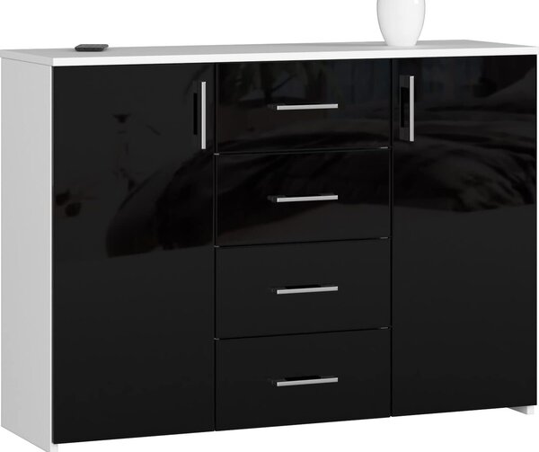 BDW Komoda s vysokým leskom, 4 zásuvky, 2 dvierka, 110x80 cm, bielo-čierna