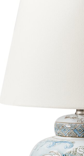 Stolná lampa biela a modrá porcelánový podstavec so vzorom ľanové tienidlo štýlové svietidlo