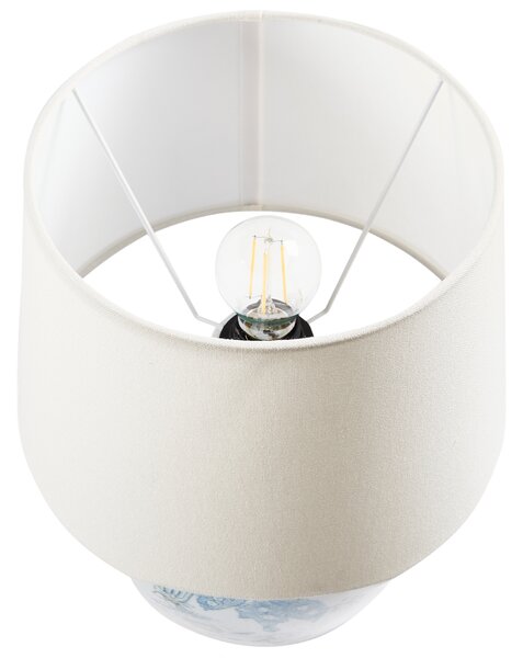 Stolná lampa biela a modrá porcelánový podstavec so vzorom ľanové tienidlo štýlové svietidlo