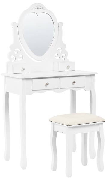 Toaletný stolík biely MDF masívne drevo 138 x 74 cm 4 zásuvky zrkadlo v tvare srdca taburetka nábytok do spálne