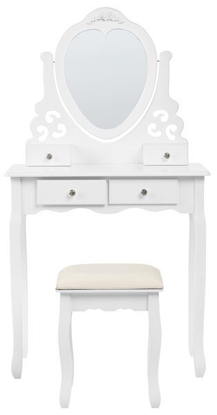 Toaletný stolík biely MDF masívne drevo 138 x 74 cm 4 zásuvky zrkadlo v tvare srdca taburetka nábytok do spálne
