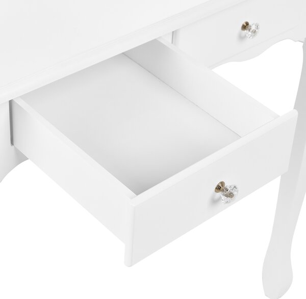 Toaletný stolík biely MDF masívne drevo 138 x 74 cm 4 zásuvky zrkadlo v tvare srdca taburetka nábytok do spálne