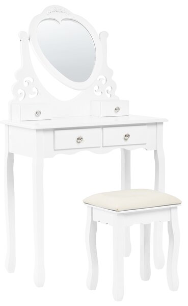 Toaletný stolík biely MDF masívne drevo 138 x 74 cm 4 zásuvky zrkadlo v tvare srdca taburetka nábytok do spálne