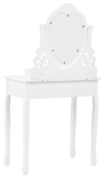 Toaletný stolík biely MDF masívne drevo 138 x 74 cm 4 zásuvky zrkadlo v tvare srdca taburetka nábytok do spálne